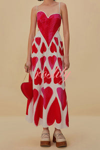 Full of Love Heart Shape Print Cutout Spaghetti Strap Backless Maxi Dress