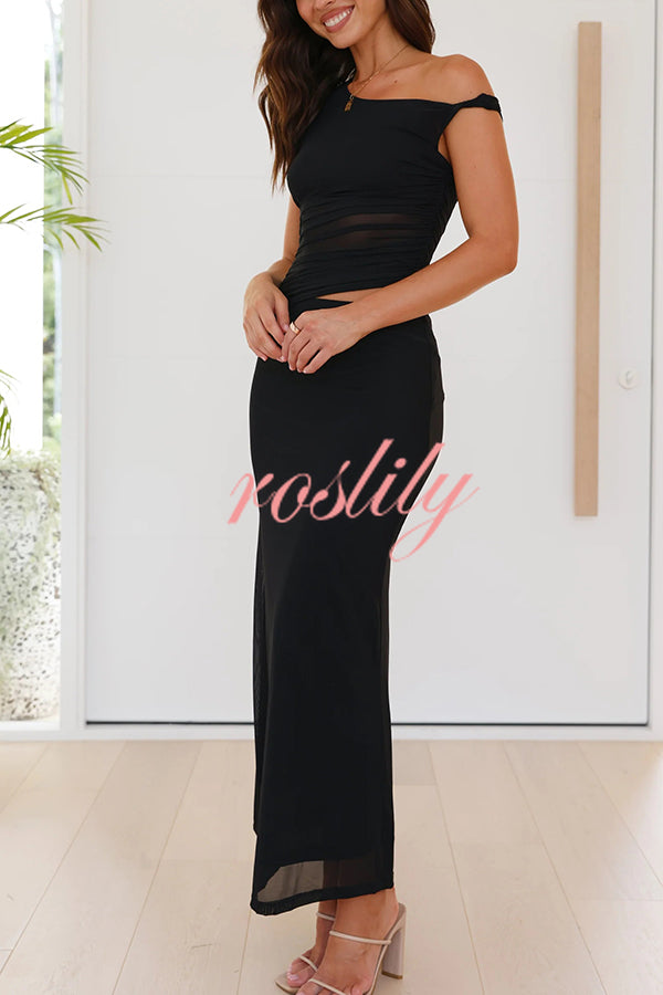 Solid Color Mesh Splicing Waist-baring Slim Maxi Dress