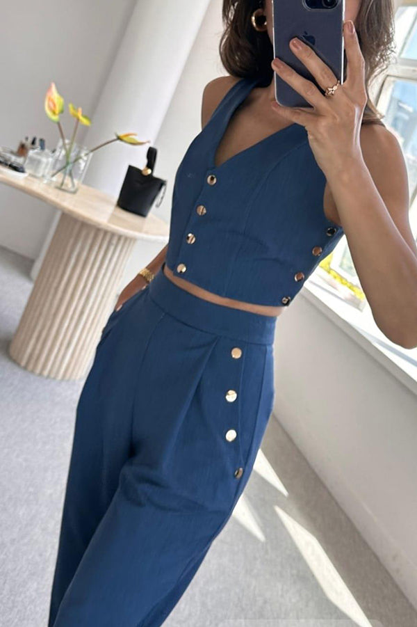 Stylish Button-up Vest and Pocket Straight-leg Pants Set