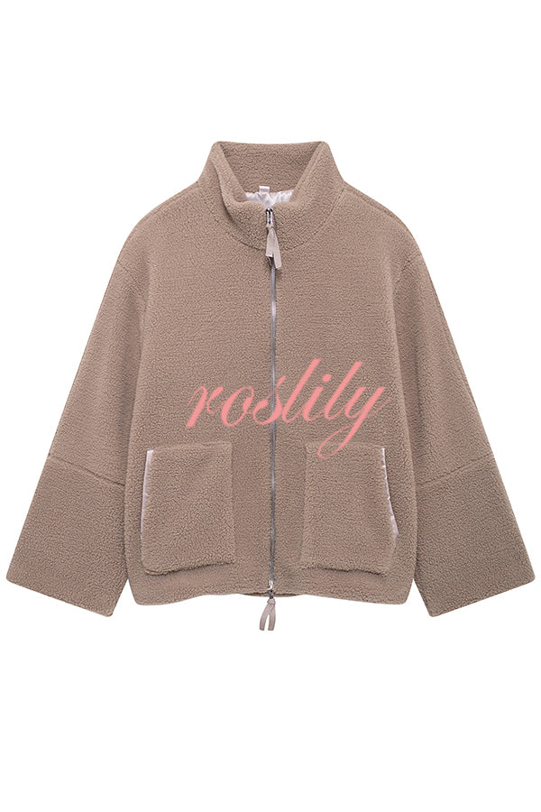 Solid Color Stitching High Collar Long Sleeve Loose Pocket Woolen Coat