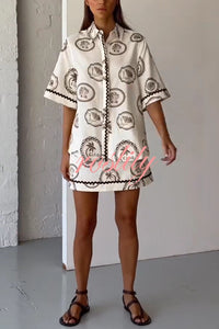Resort Style Print Lapel Short Sleeve Shirt and Casual Mini Skirt Set