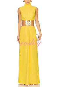 Avery High Neck Metal Decoration Cutout Waist Maxi Dress