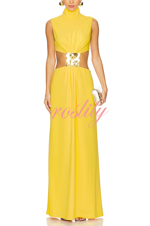 Avery High Neck Metal Decoration Cutout Waist Maxi Dress