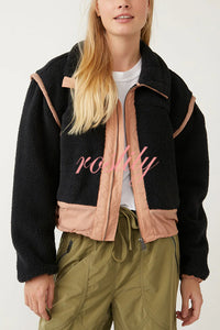 Stylish Patchwork Stand Collar Sherpa Zipper Jacket