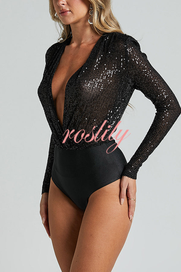 Alora Sequin Wrap Front Plunge Neck Long Sleeve Bodysuit