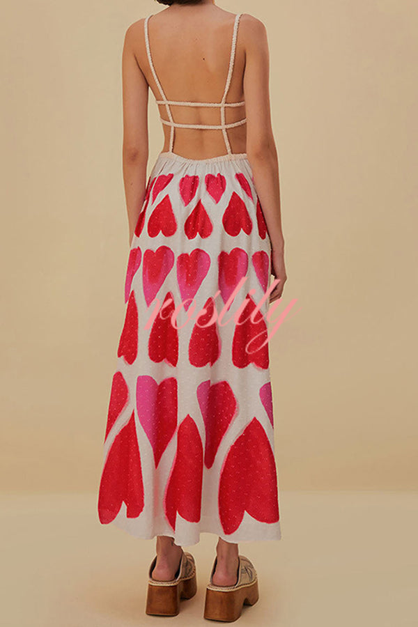 Full of Love Heart Shape Print Cutout Spaghetti Strap Backless Maxi Dress