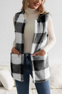 Fashionable Plaid Loose Pocket Sleeveless Jacket