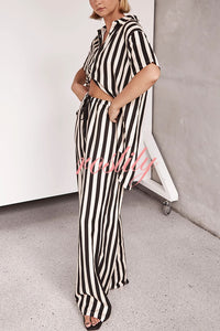 Erika Striped Casual Shirt and Elastic Waist Pocket Wide Leg Pants Set