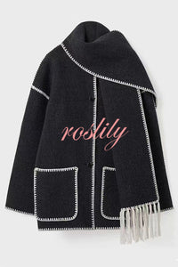 Stylish Loose Pocket Long Sleeve Coat and Warm Fringed Scarf