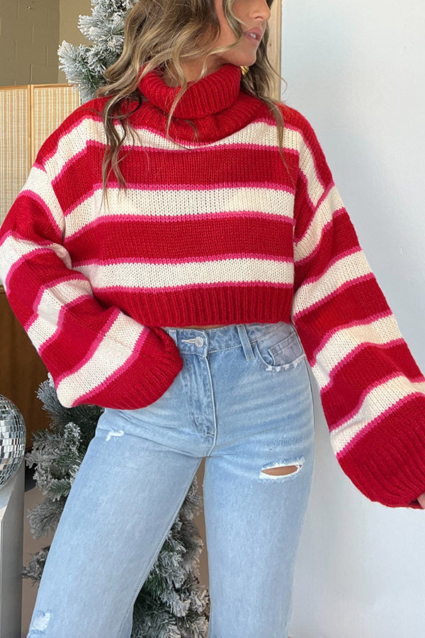 Fashion Striped Turtleneck Long Sleeve Loose Knit Sweater