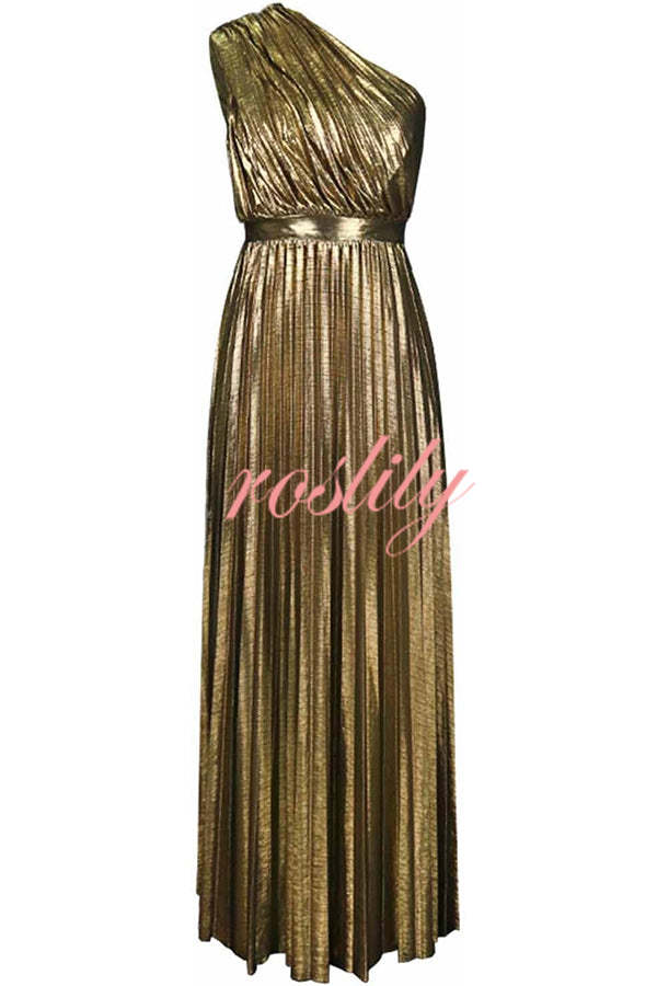 Be My Guest Metallic Fabric Pleated One Shoulder Maxi Dress