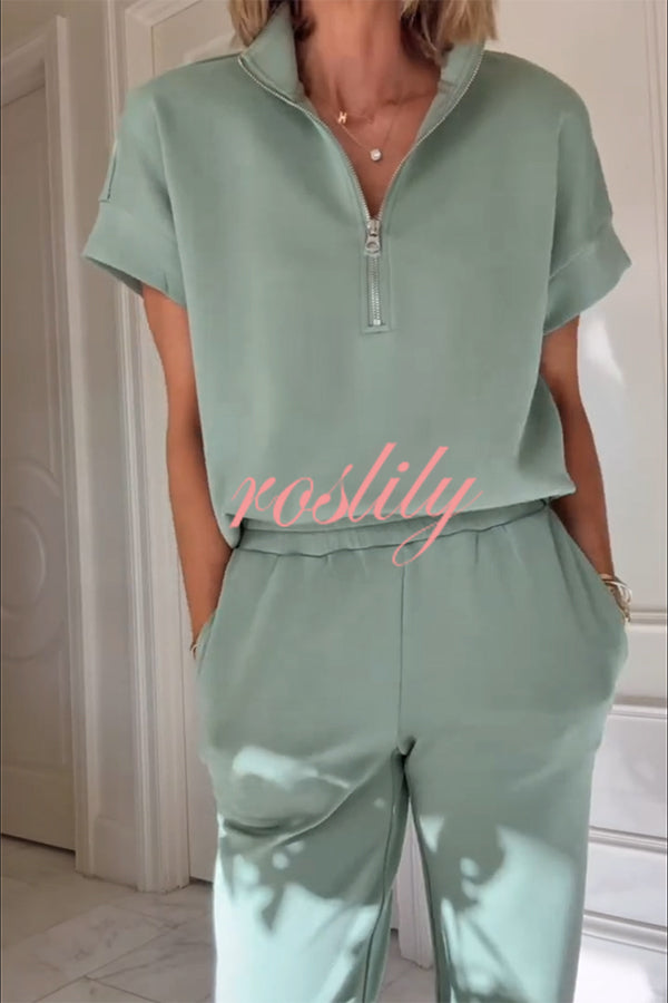 Comfortable and Relaxed Zip-up Short Sleeve Sweatshirt and Elastic Waist Pocket Stretch Pants Set