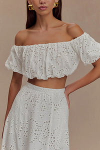 Arla Embroidered Lace Hollow Off Shoulder Bubble Crop Top