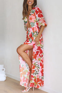 Del Mare Floral Puff Sleeve Front Cutout High Low Maxi Dress