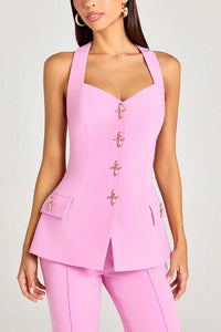 Women Power Metal Cross Snap Button Sweetheart Neck Wide Strap Vest