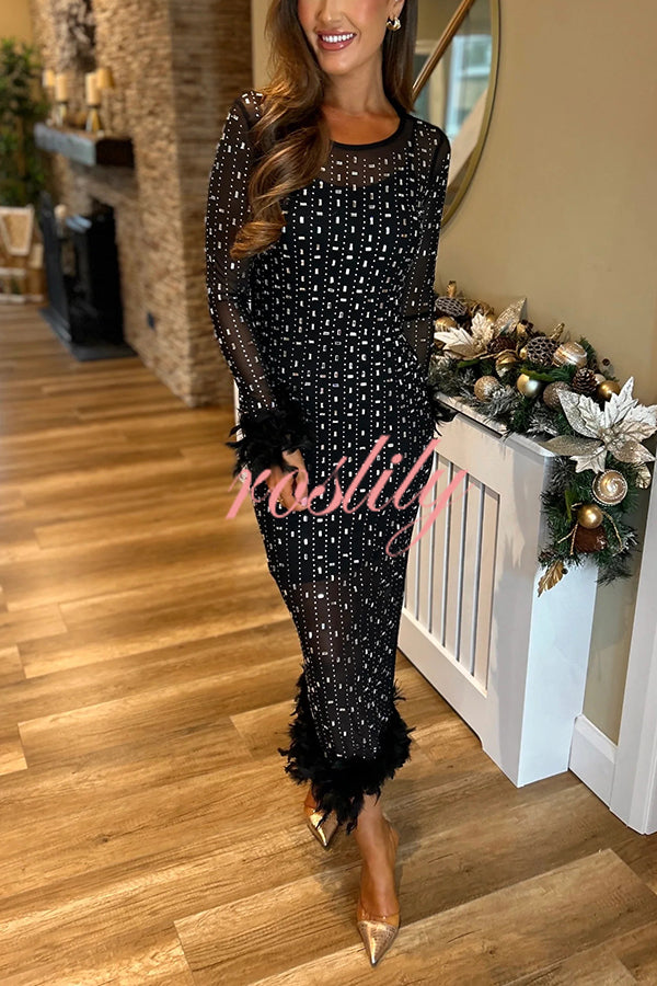 Sexy Long Sleeve Round Neck Feather Edge Rhinestone Decoration Slim Fit Maxi Dress