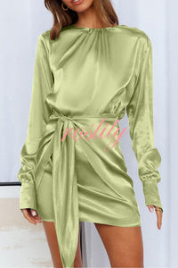 Satin Round Neck Long Sleeve Elastic Tie Mini Dress