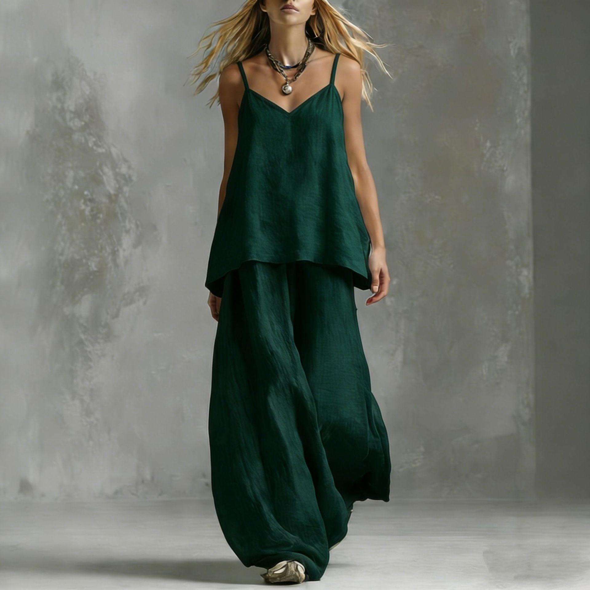 Linen Cami Two-Piece Set - V-Neck Top & Palazzo Pants