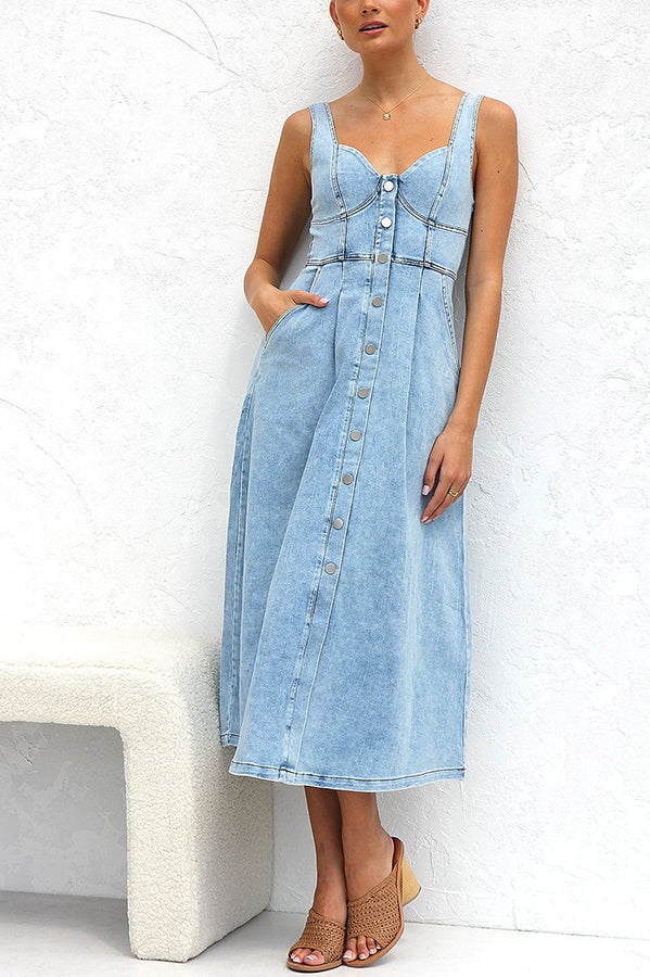 Spring Fling Washed Denim Button Pocket Back Smocked Midi Dress