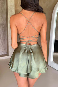 Ruffled Elegant Satin Strappy Satin Backless Lace Up Mini Dress