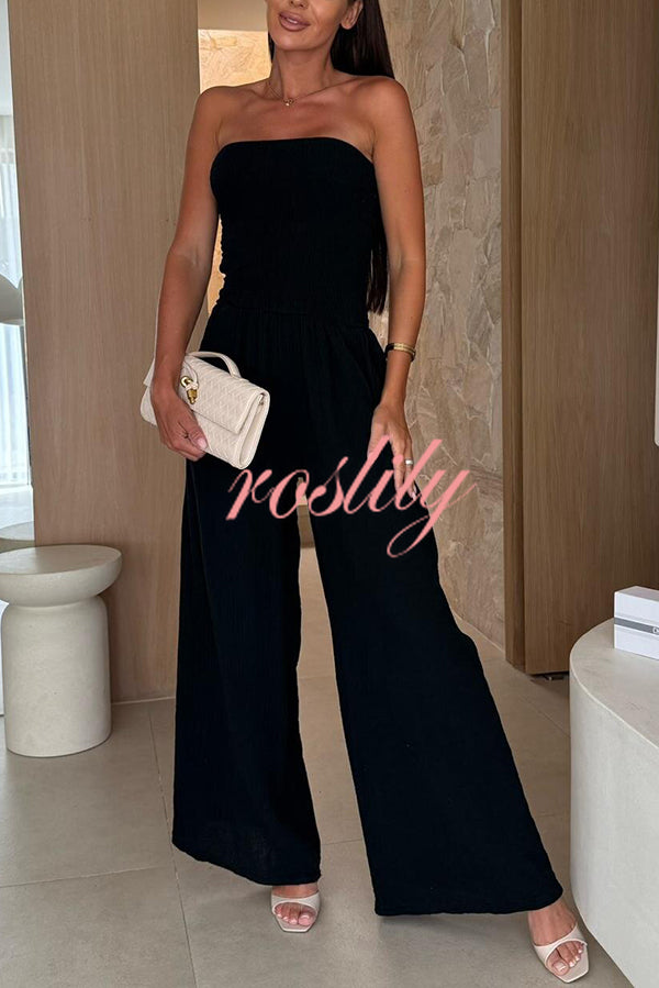 Linen Blend Solid Color Off-the-shoulder Pleated Casual Pocket Wide-leg Jumpsuit