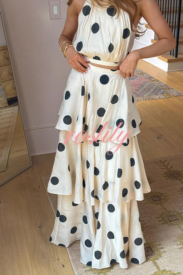 Gift To You Polka Dot Print High Neck Sleeveless Top and Layered Hem Maxi Skirt Set