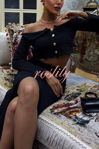 Fashion Knitted Off-the-shoulder Long-sleeved Top and Elastic Slit Maxi Skirt Set
