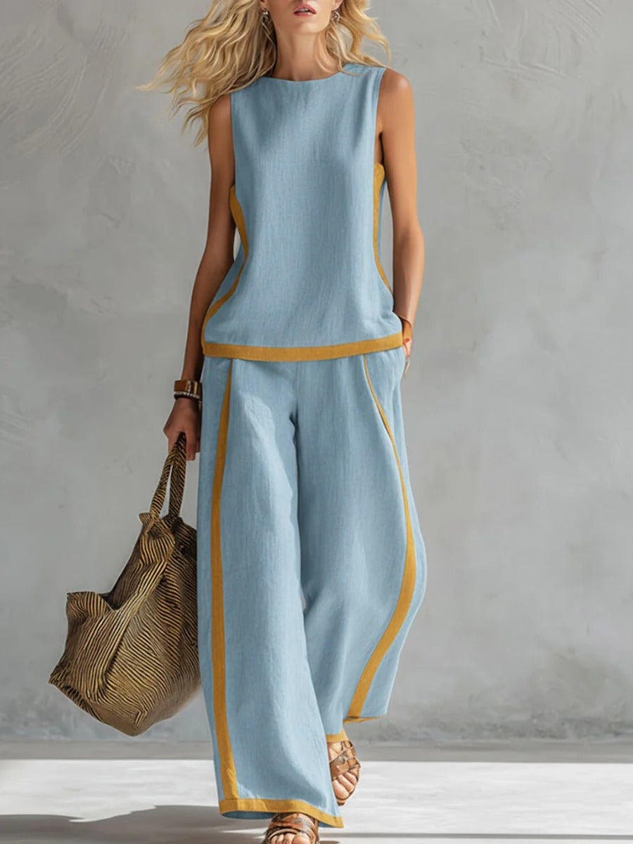 Round Neck Sleeveless Loose Top And High-waisted Wide-leg Pants Cotton And Linen Set