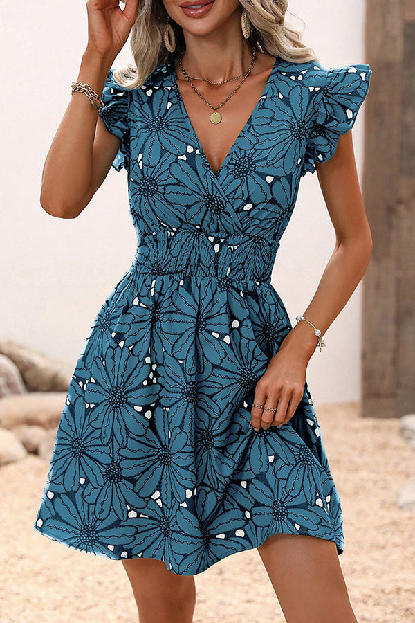 Wonderful Weekend Floral Print Ruffle Sleeve Elastic Waist Mini Dress