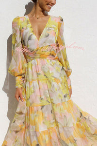 Olena Abstract Floral Balloon Sleeves Maxi Dress