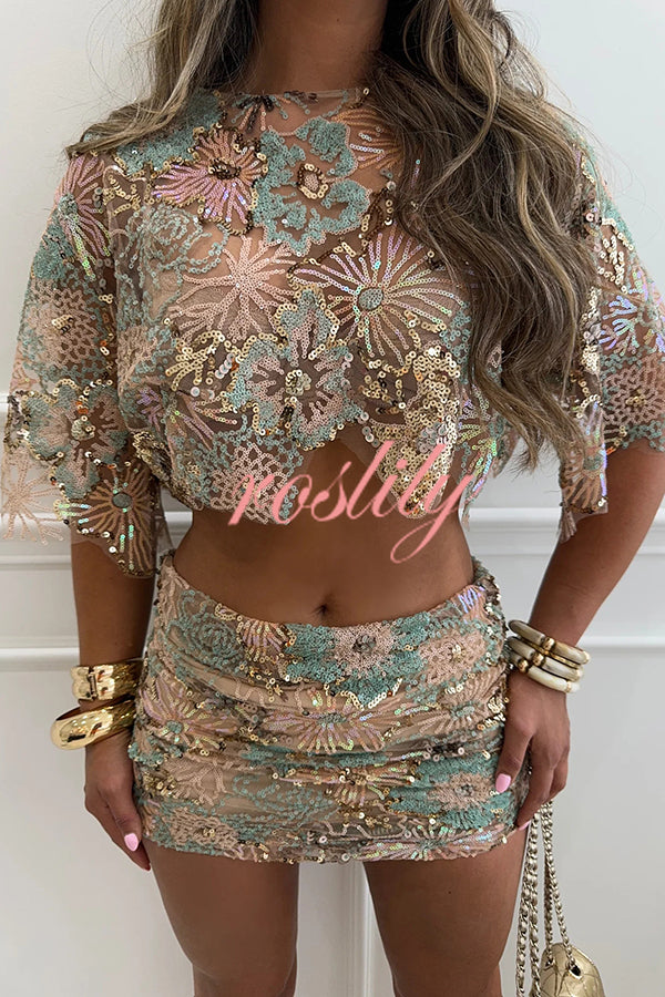 Fashionable Embroidered Flower Sequined Crop Top and Hip-hugging Mini Skirt Set