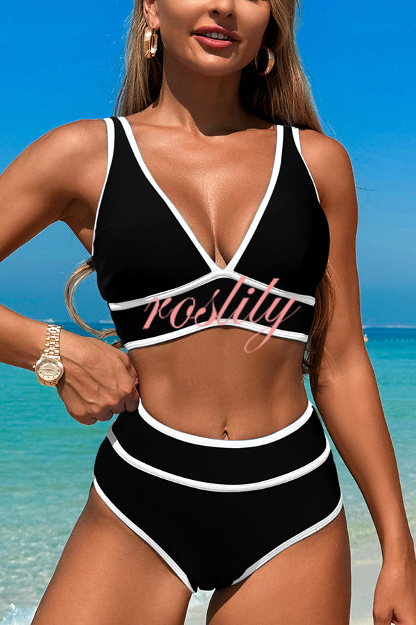 Solid Color Contrast High Waist Stretch Bikini Swimsuit