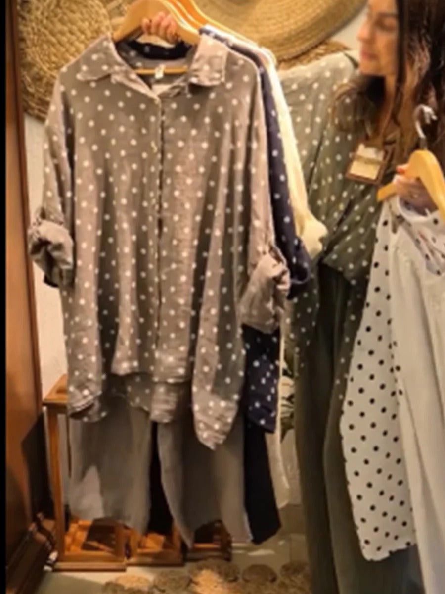 Polka Dot Linen And Cotton Shirt And Trousers Two-piece Set