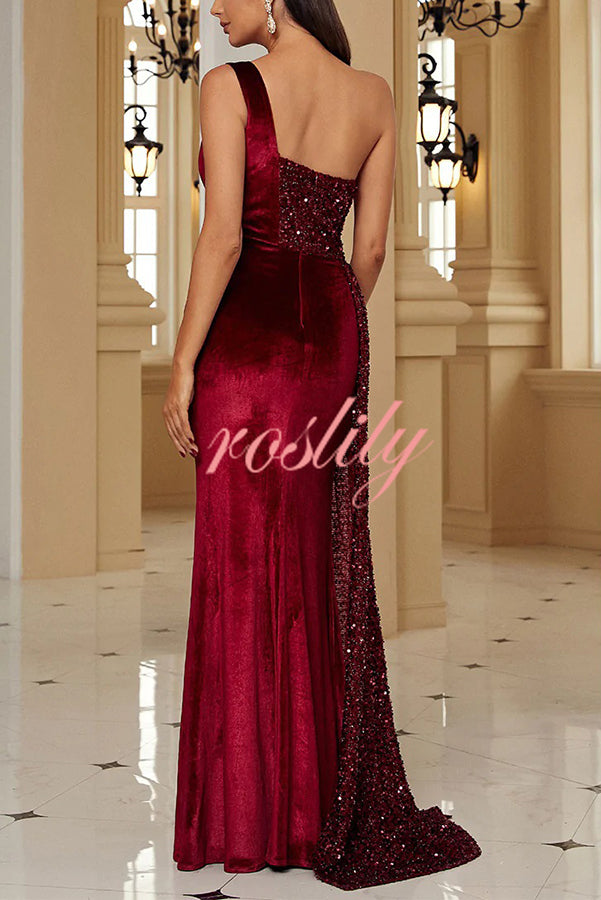 Taylor Sequin Velvet Patchwork One Shoulder Ruched Slit Prom Maxi Dress