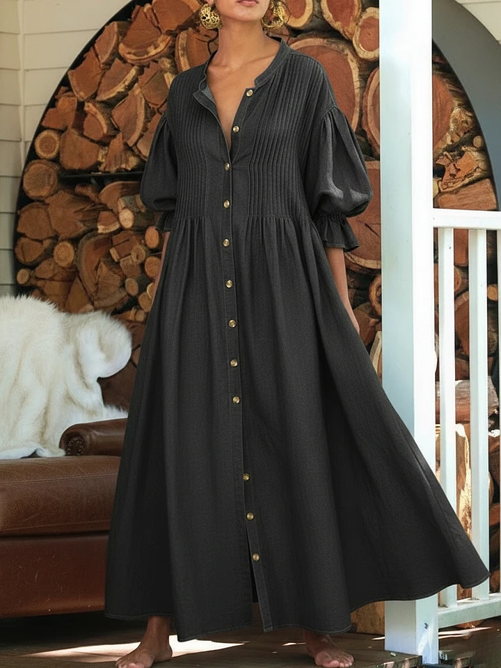 V-neck Pleated Denim Dress With Puff Sleeves