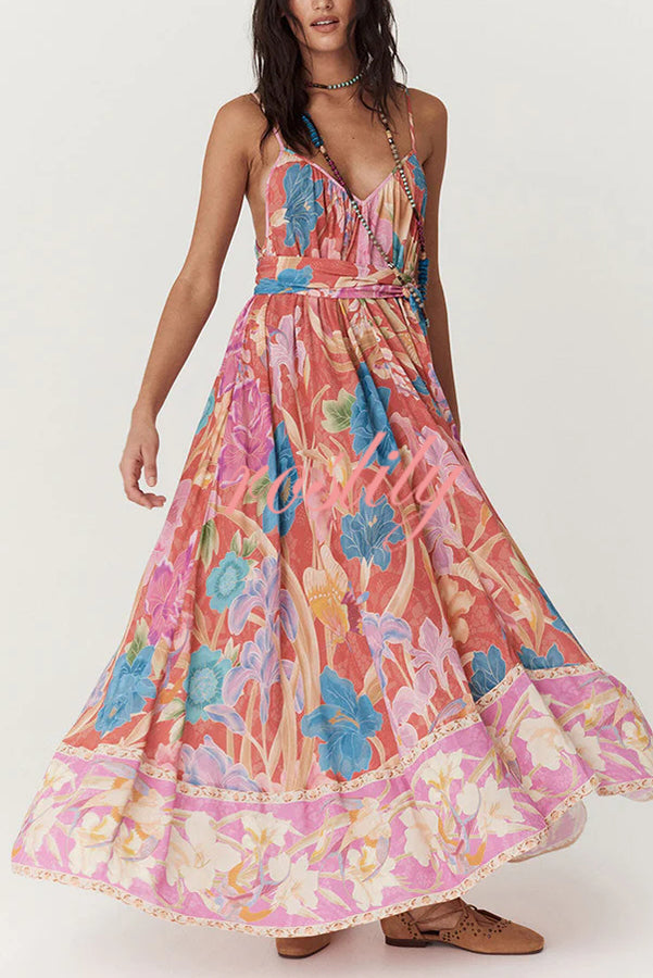 Painter's Garden Boho Floral Print Strappy A-line Maxi Dress