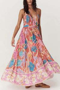 Painter's Garden Boho Floral Print Strappy A-line Maxi Dress