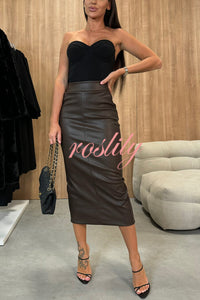 Lindsey Faux Leather High Rise Pocketed Slit Stretch Midi Skirt