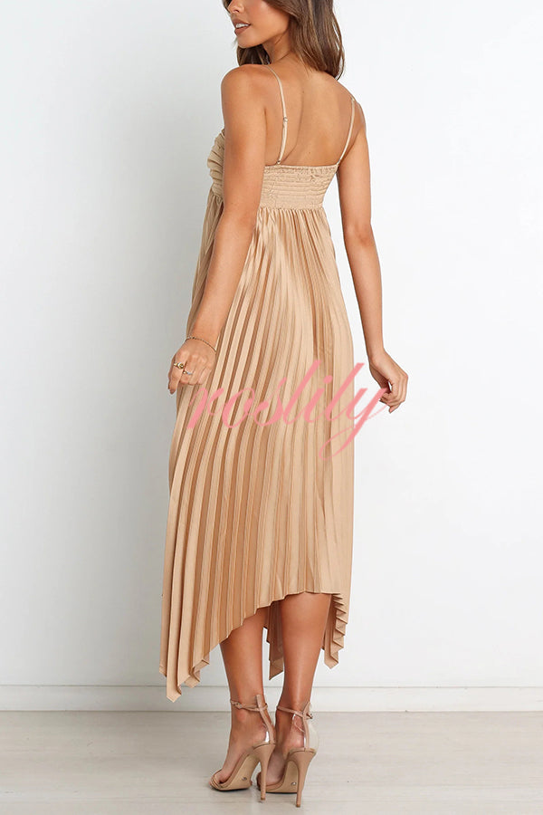 Solid Color Sexy Suspender Pleated Irregular Midi Dress