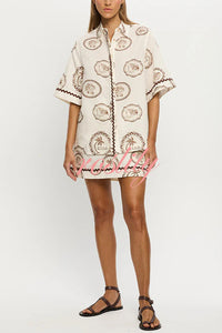 Resort Style Print Lapel Short Sleeve Shirt and Casual Mini Skirt Set