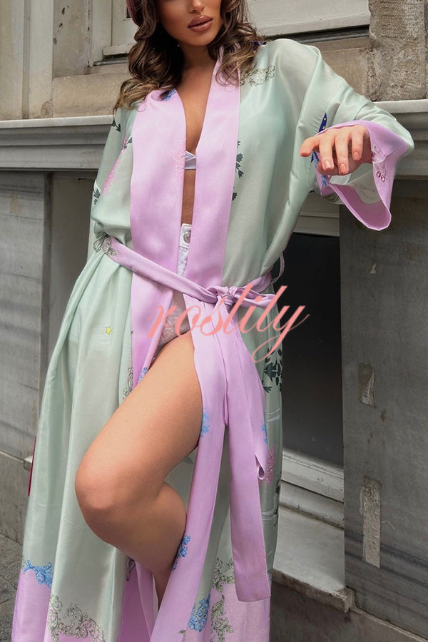 Karty Satin Unique Print Long Sleeve Belt Lapel Kimono Cover-ups