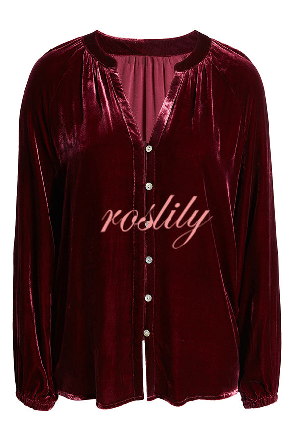 Solid Color Velvet V-neck Long-sleeved Shirt