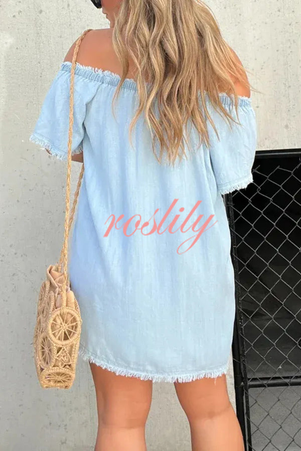 Fashionable Off Shoulder Short-sleeved Loose Denim Mini Dress