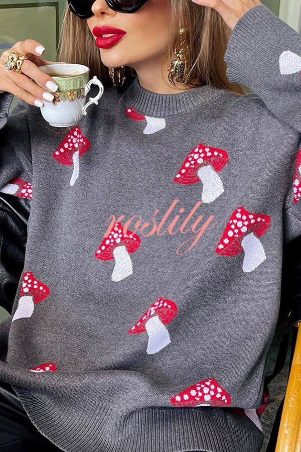 Mushroom Pattern Casual Loose Round Neck Knitted Sweater