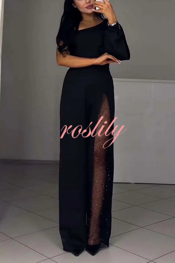 Fashionable Oblique Shoulder One-sleeve Sexy High Slit Slim Jumpsuit