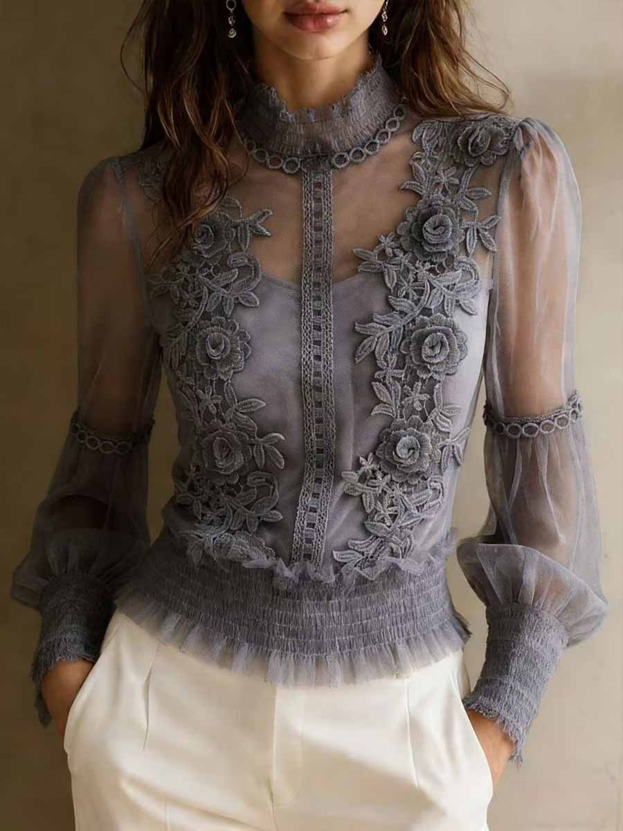 Lace High-Neck Sheer Blouse