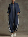 Stand-collar 3/4 Sleeve Casual Loose Hooded Linen Jumpsuit
