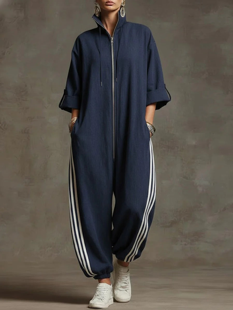 Stand-collar 3/4 Sleeve Casual Loose Hooded Linen Jumpsuit