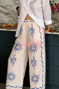 Symbol of Sicily Linen Blend Unique Print Elastic Waist Pocketed Wide Leg Pants