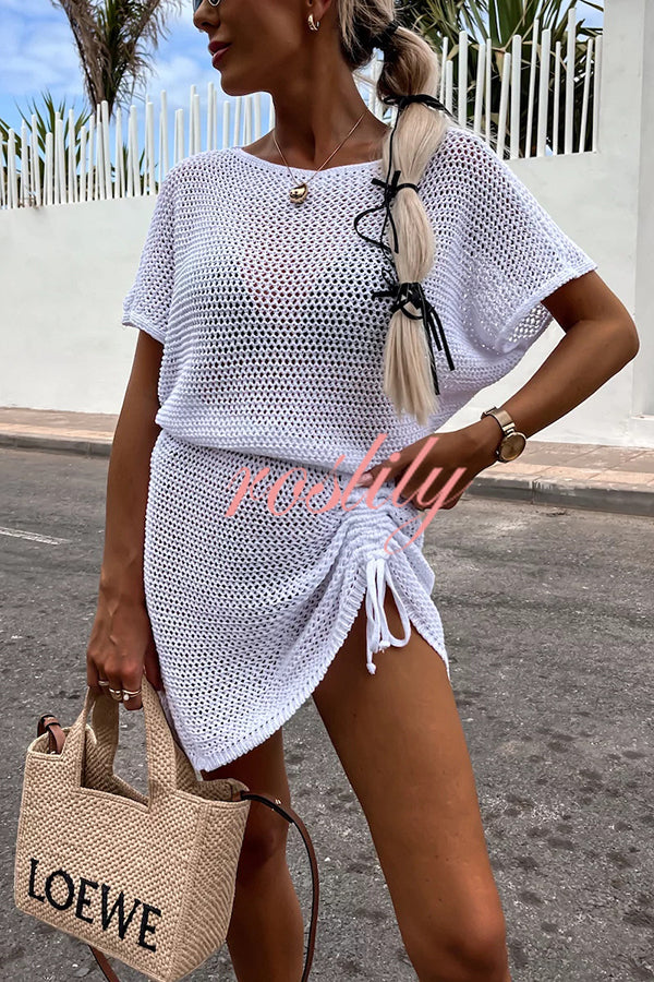 Solid Color Knitted Cutout Lace Up Crew Neck Mini Dress